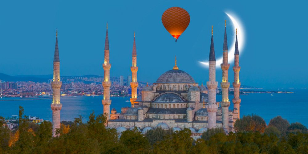 Hot Air balloon over the iconic Blue Mosque in Turkey