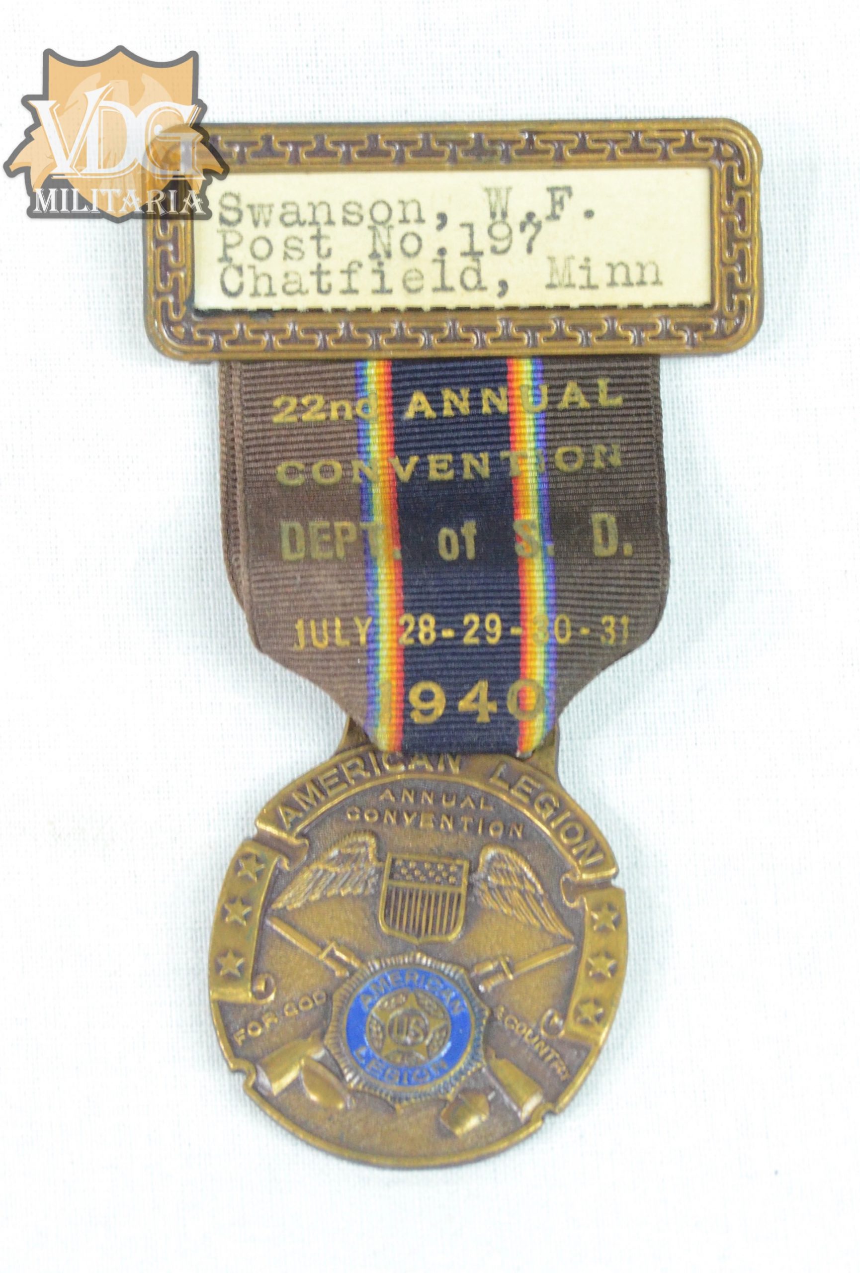 WW2 Era 1940 American Legion Medal-W.F. Swanson, Minnesota