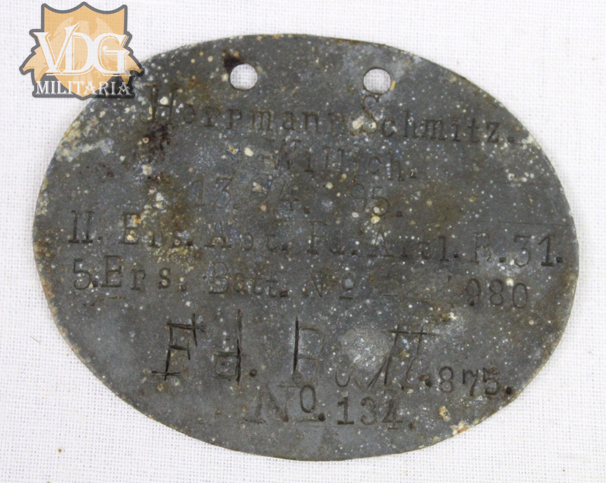 WW1 German Relic Dogtag-Herrman Schmitz Field Artillery