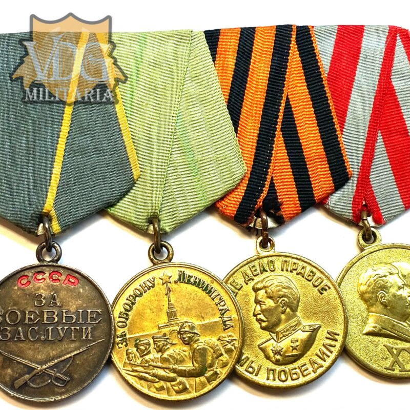 WW2 Era Soviet Medal Bar-Medal for Combat Service (Numbered), Defense of Leningrad, Victory over Germany & 30 Years of the Soviet Army and Navy