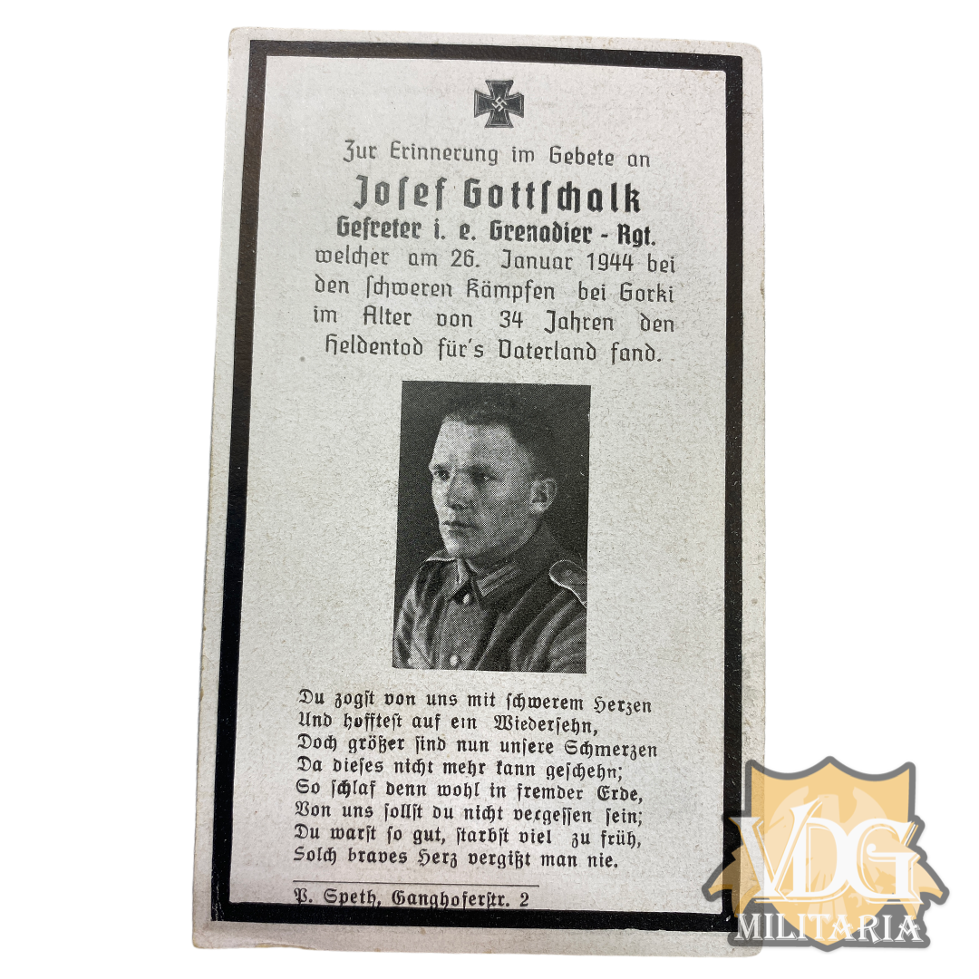 WW2 German Death Card Heer Grenadier Josef Gottschalk KIA 1/26/1944 in Gorki, Russia