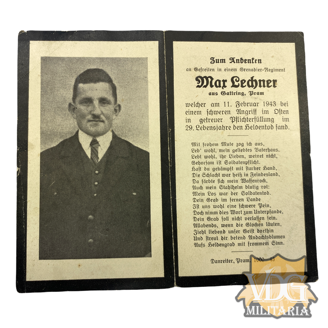 WW2 German Death Card Heer Grenadier Gefreiter Max Lechner KIA 2/11/1943 on the Eastern Front