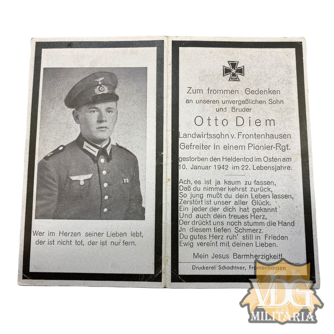 WW2 German Death Card Heer Pioneer Gefreiter Otto Diem KIA 1/10/1942 on the Eastern Front