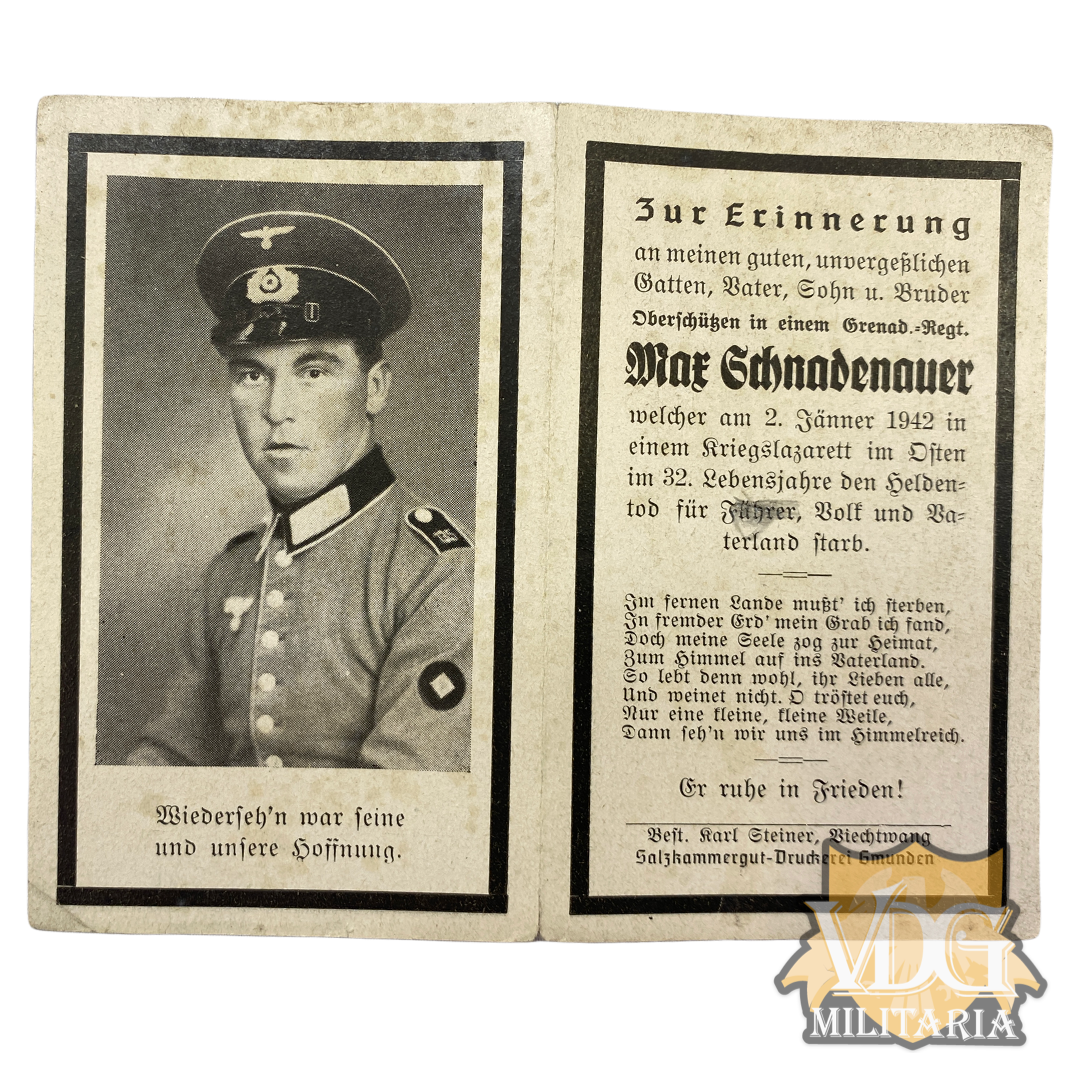 WW2 German Death Card Heer Grenadier Oberschützen Max Schadenauer 1942 in an Eastern Front Field Hospital