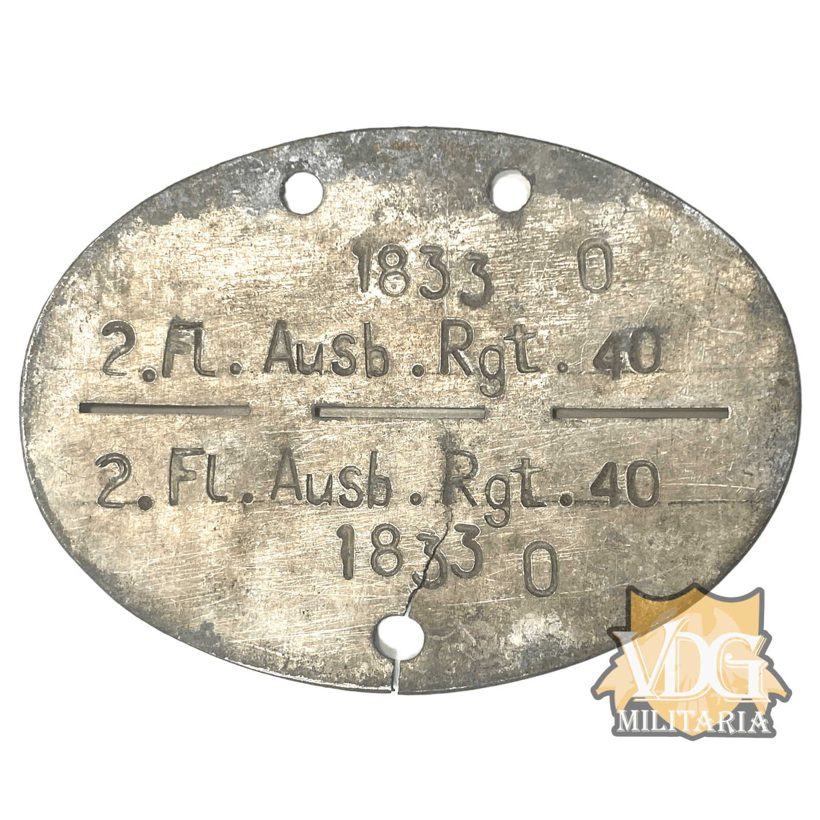WW2 German Identity Disc Dog Tag 1833 O 2.FL. AUSB.RGT.40