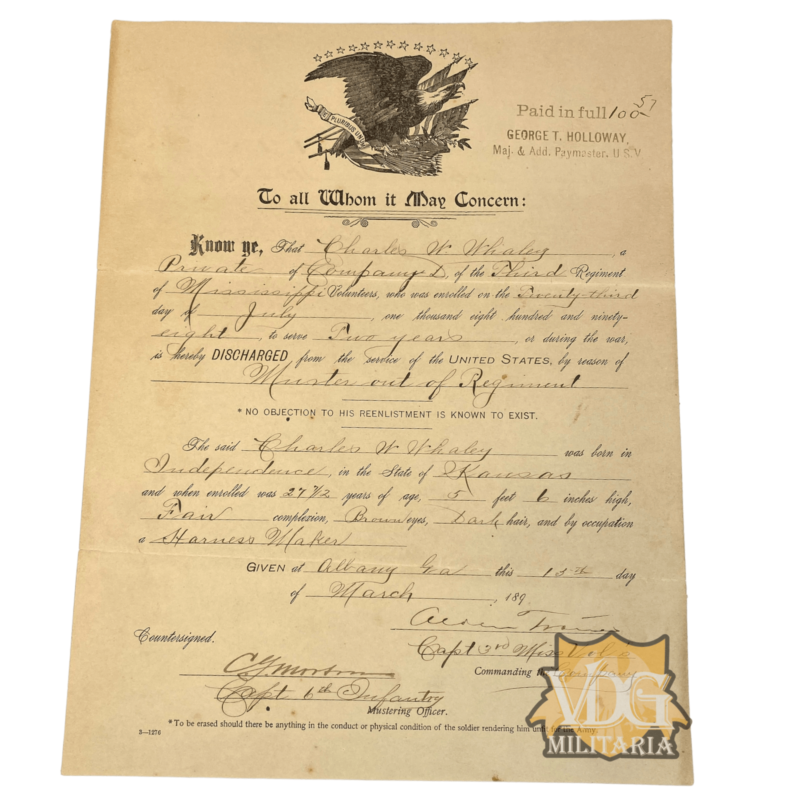 Spanish American War US Army Discharge Document PVT Charles W. Whaley Company L, 3rd Regiment Mississippi Volunteers