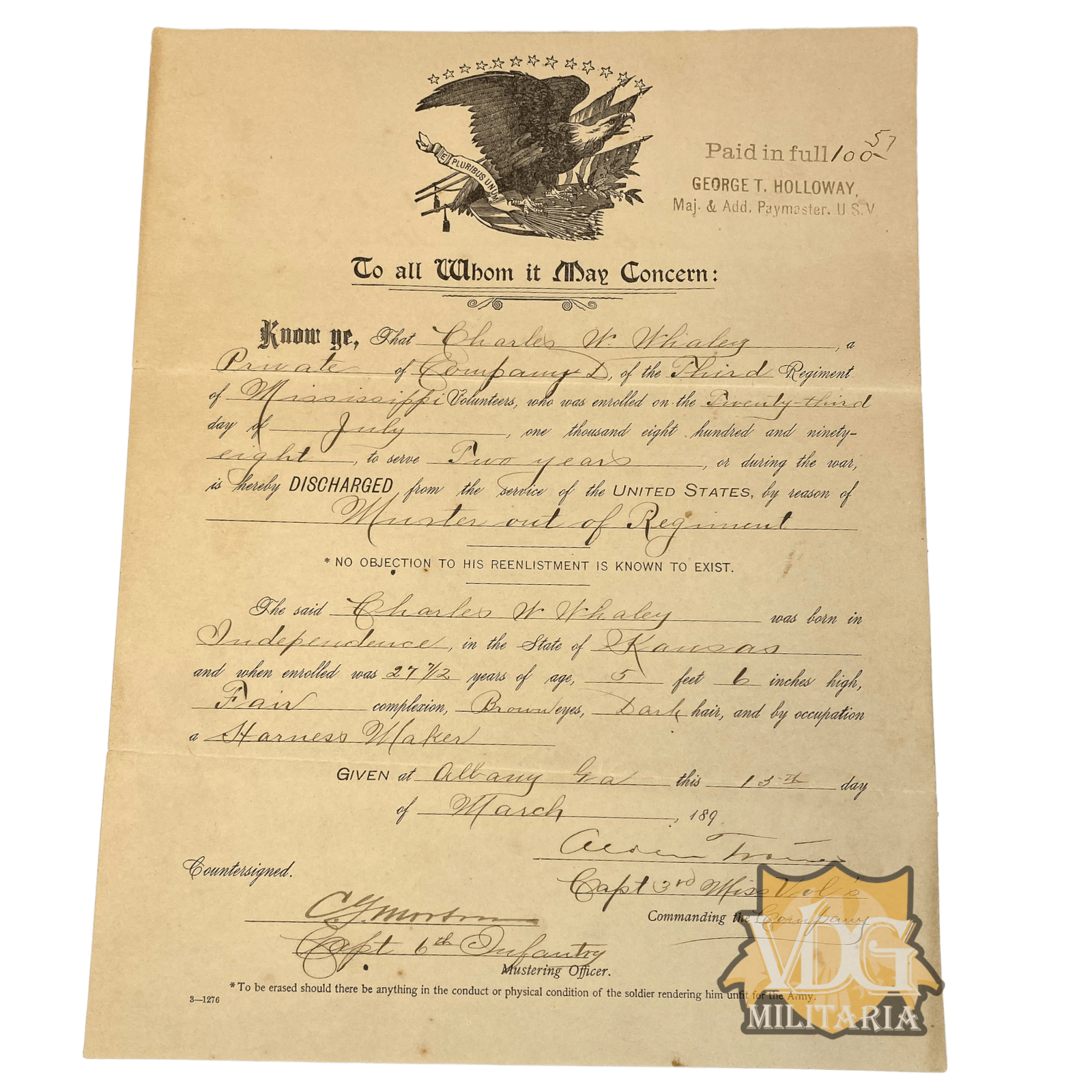 Spanish American War US Army Discharge Document PVT Charles W. Whaley Company L, 3rd Regiment Mississippi Volunteers