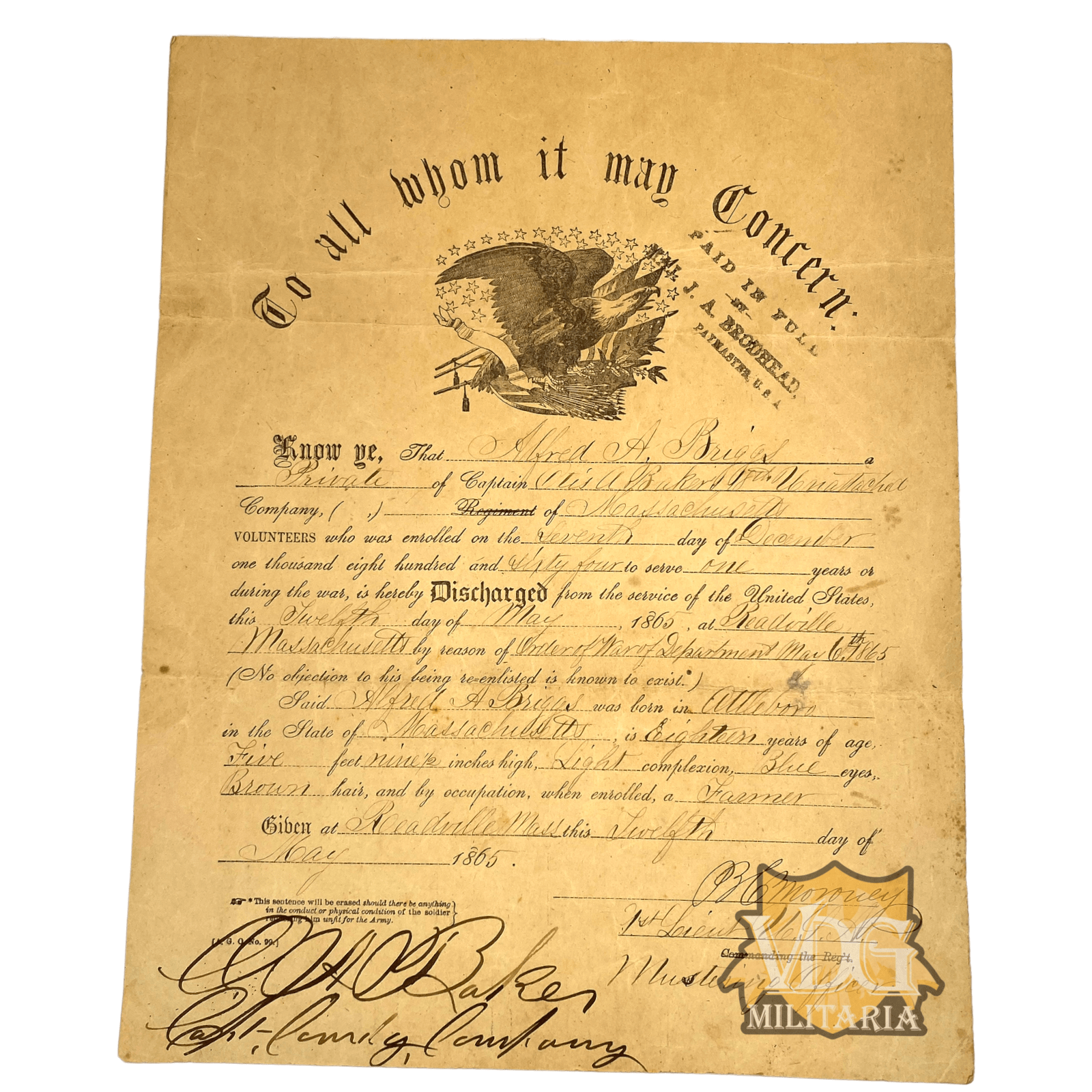 US Civil War Discharge Document PVT Alfred A. Briggs, Mass. Volunteers May 1865