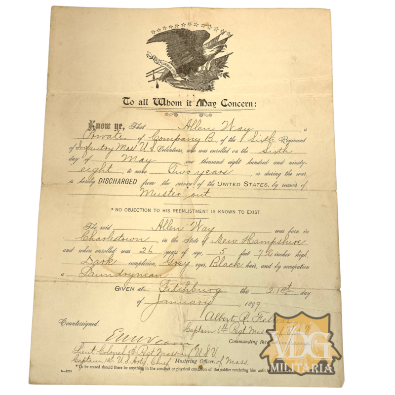 Spanish American War US Army Discharge Document PVT Allen Way Co. B, 6th Regiment Infantry Mall US Volunteers -Puerto Rico Service