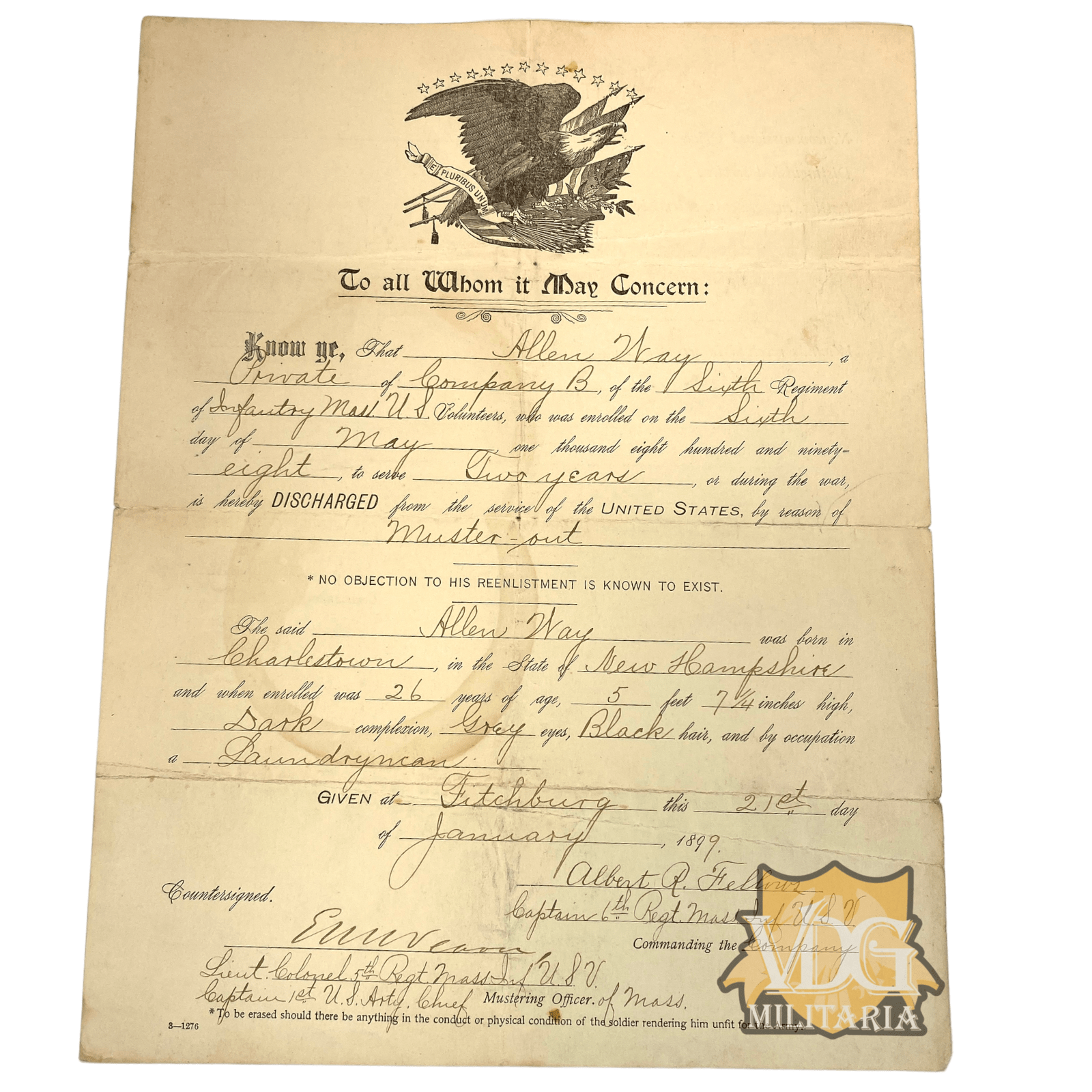 Spanish American War US Army Discharge Document PVT Allen Way Co. B, 6th Regiment Infantry Mall US Volunteers -Puerto Rico Service