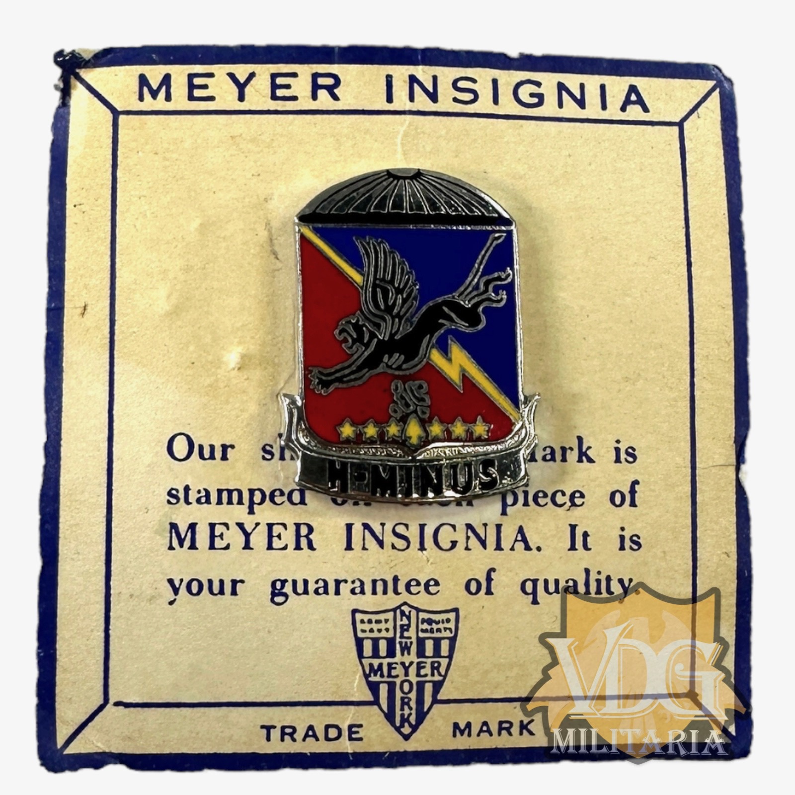 US Army 505th Infantry Regiment Unit Crest (H-Minus) Meyer DI on Card