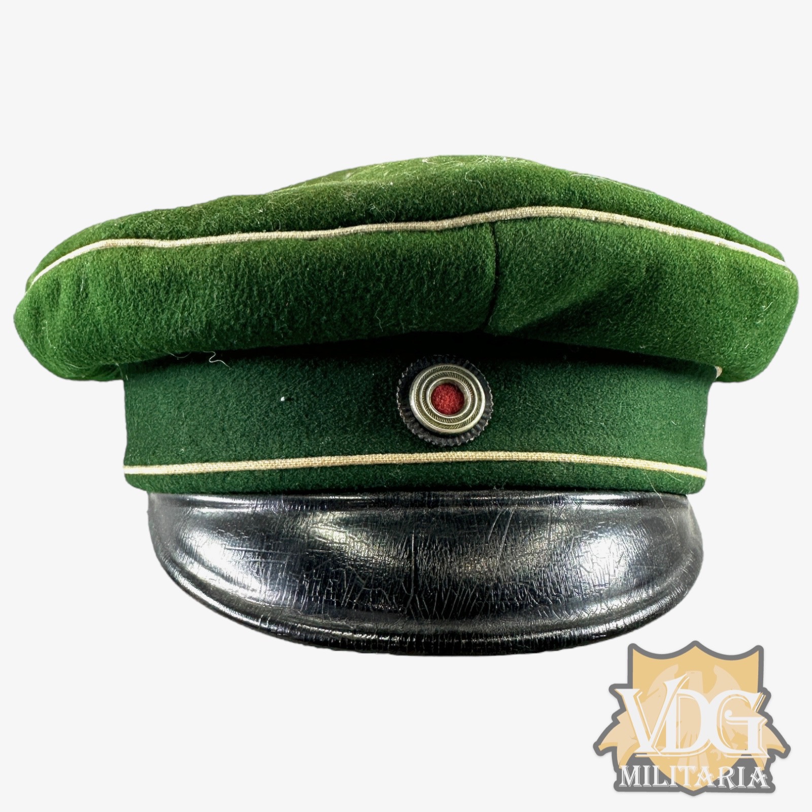 WW1 Era German Unknown Visor Green Band and Crown, White Piping, Prussian Cockade