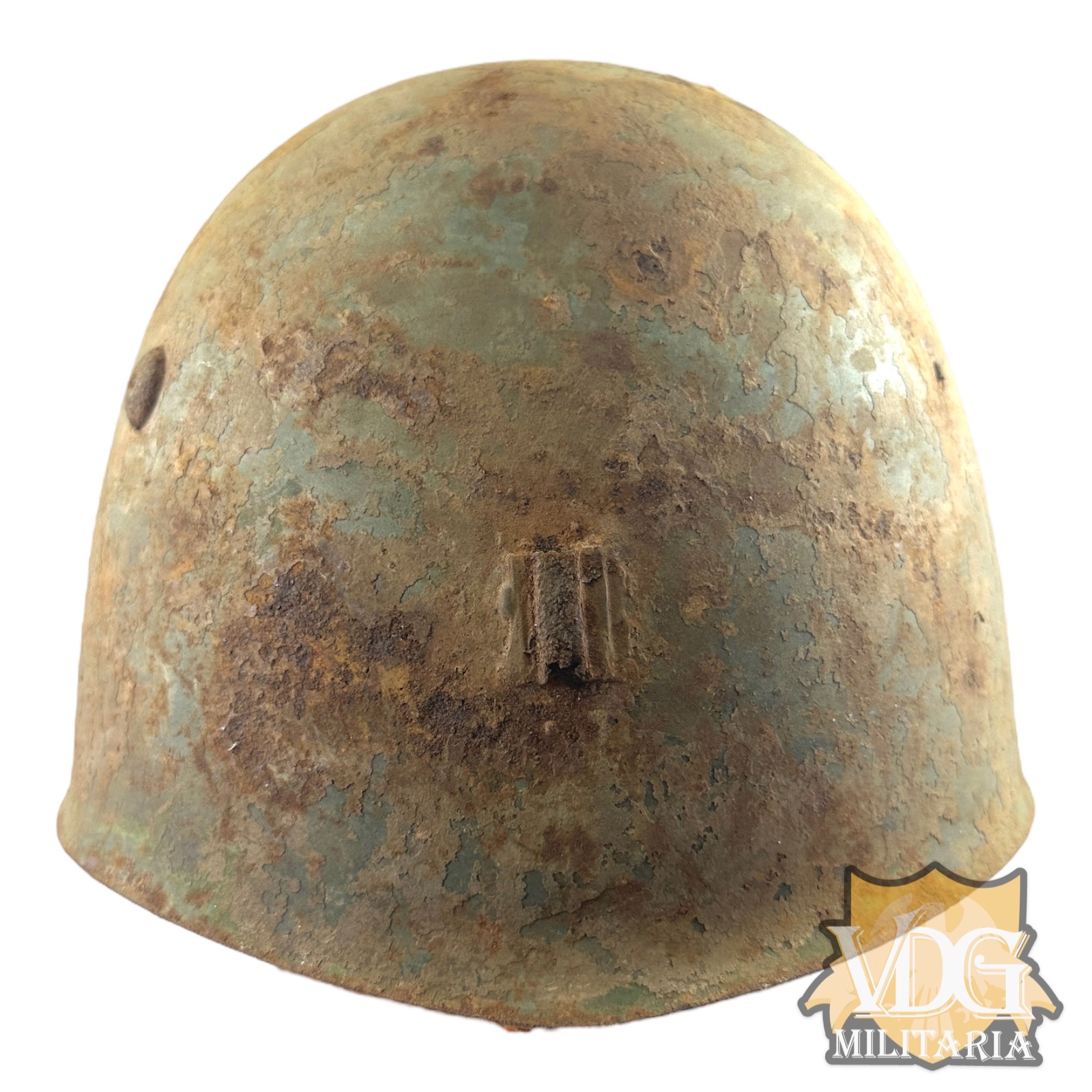 WW2 Spanish used Italian M33 Helmet with Front Badge Slot & Partial Liner/Chinstrap