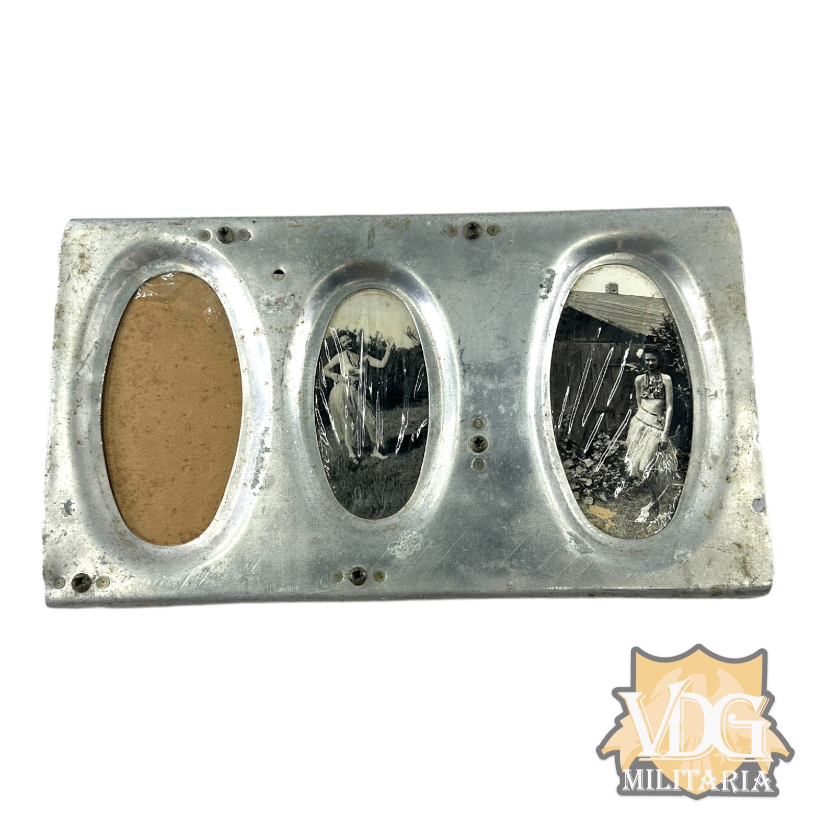 WW2 US Trench Art Picture Frame with Risqué Hoola Girls Made from Japanese Ki-48 Airplane Piece