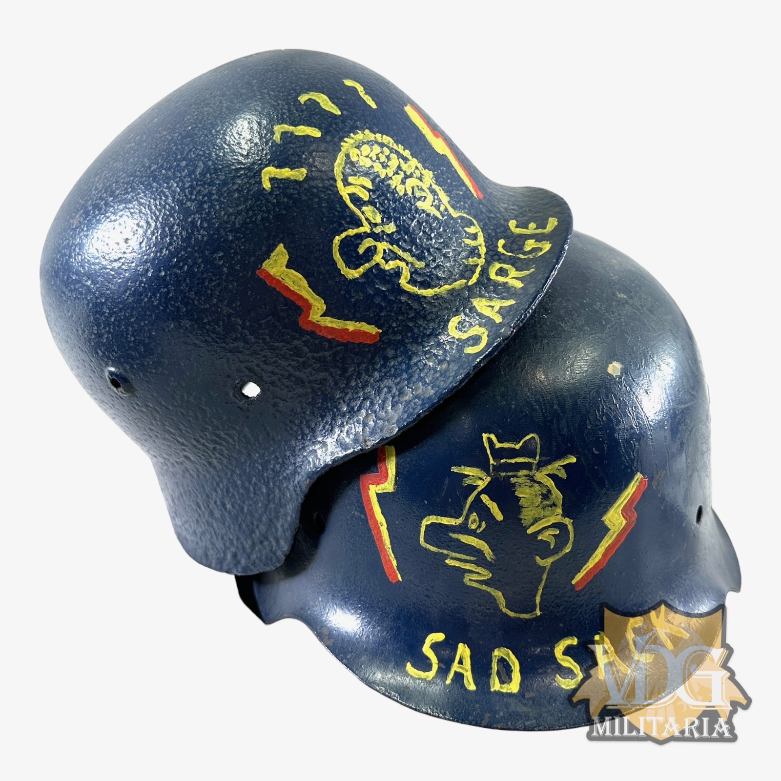 Set of 2 WW2 German Helmet Shells-Vet Art Painted "Sarge & Sad Sack"