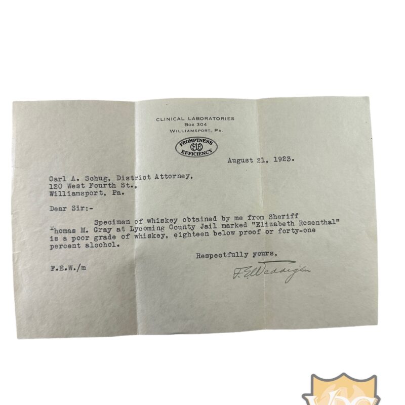 1923 US Prohibition Era Sheriff's Letter – "Poor Whiskey" Complaint – Unique Historical Document