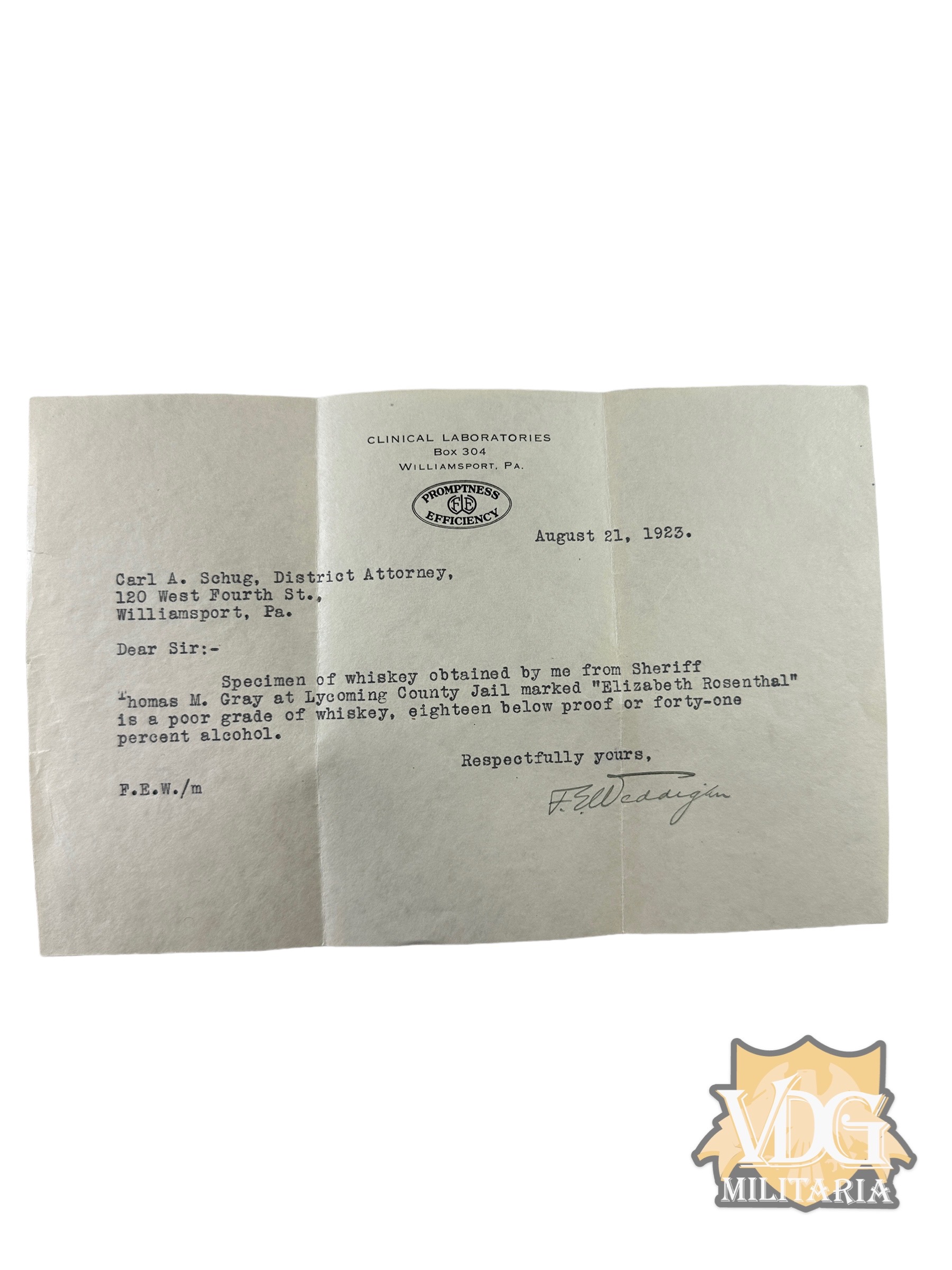 1923 US Prohibition Era Sheriff's Letter – "Poor Whiskey" Complaint – Unique Historical Document