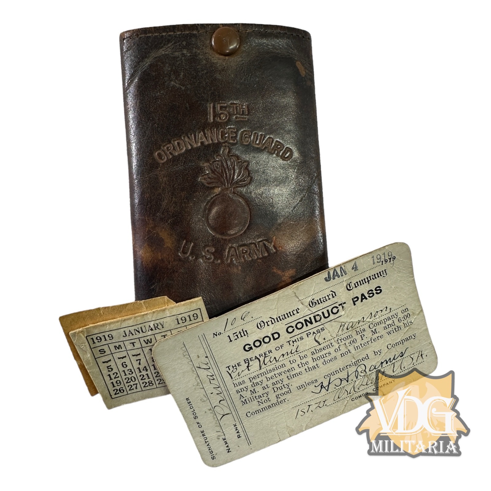 WW1 US Army 15th Ordnance Guard Soldiers Leather Wallet with Contents