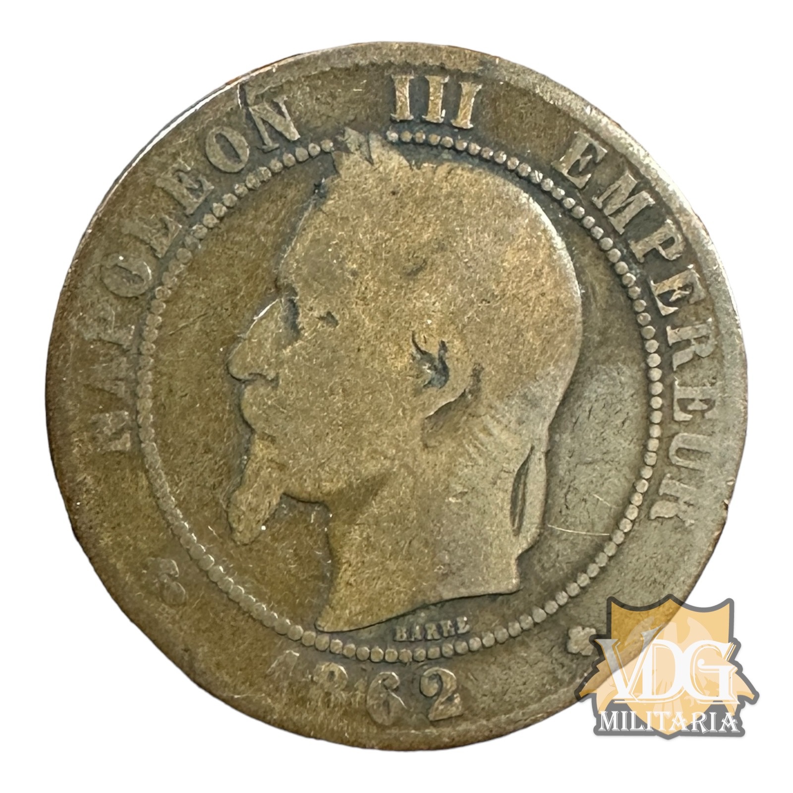 Second French Empire Emperor Napoleon III 1862 Dix Centimes B Mint Mark Bronze Coin