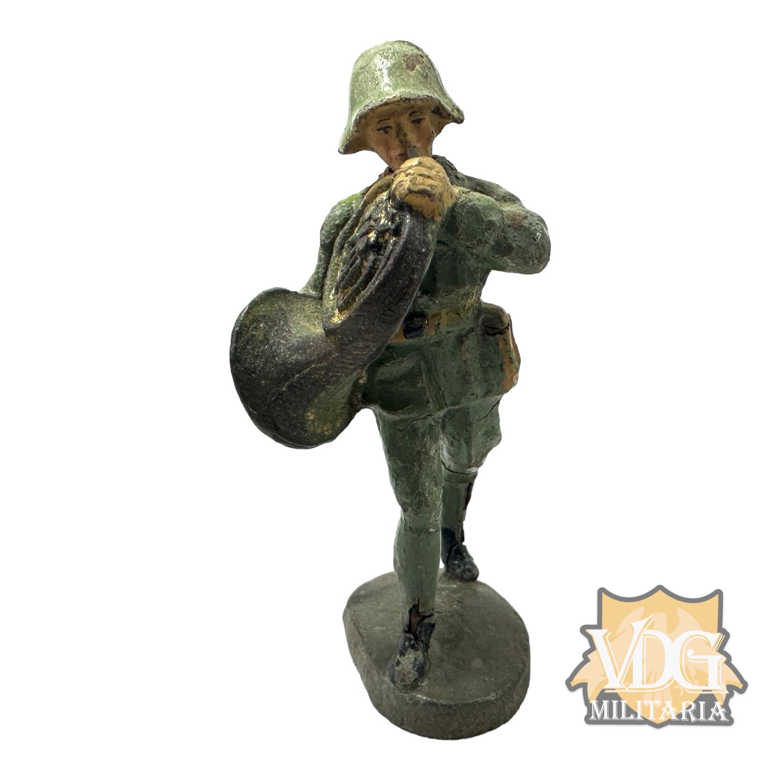 WW2/1930's Era German Composition Toy Swiss Army Soldier with French Horn-Maker marked "Elastolin"
