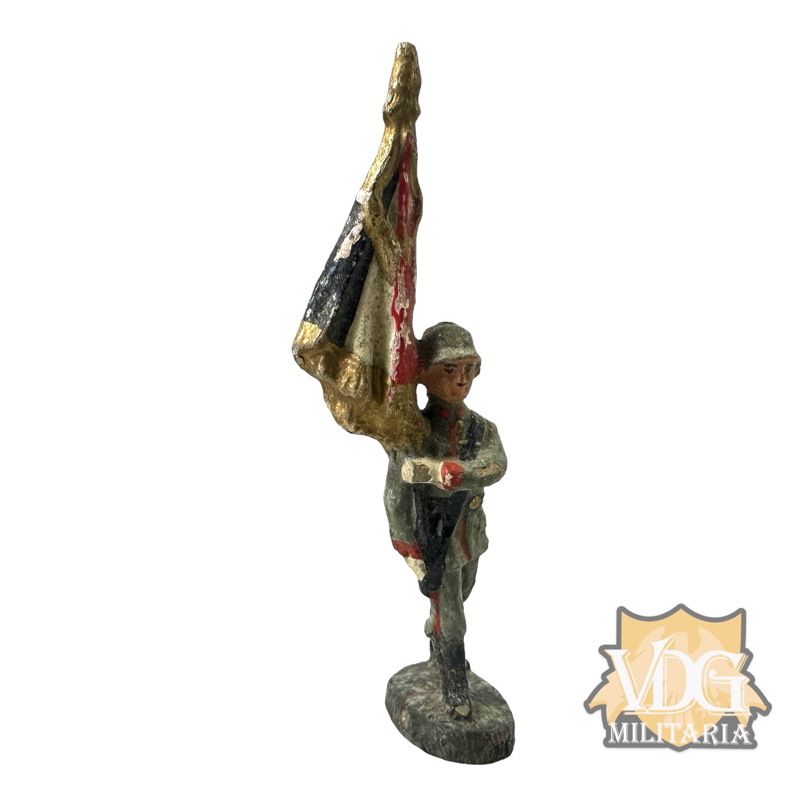 WW2/1930's Era German Composition Toy Heer Standard Bearer Soldier Marching with Tri-Color German Flag-Maker marked "Elastolin Germany"