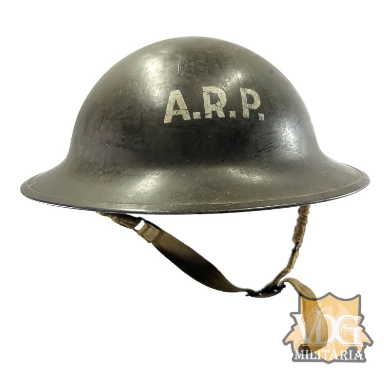 WW2 Canadian A.R.P. Air Raid Police MK II Brodie Helmet made by General Steel Wares of Toronto, 1942 Dated V.M.C. Liner