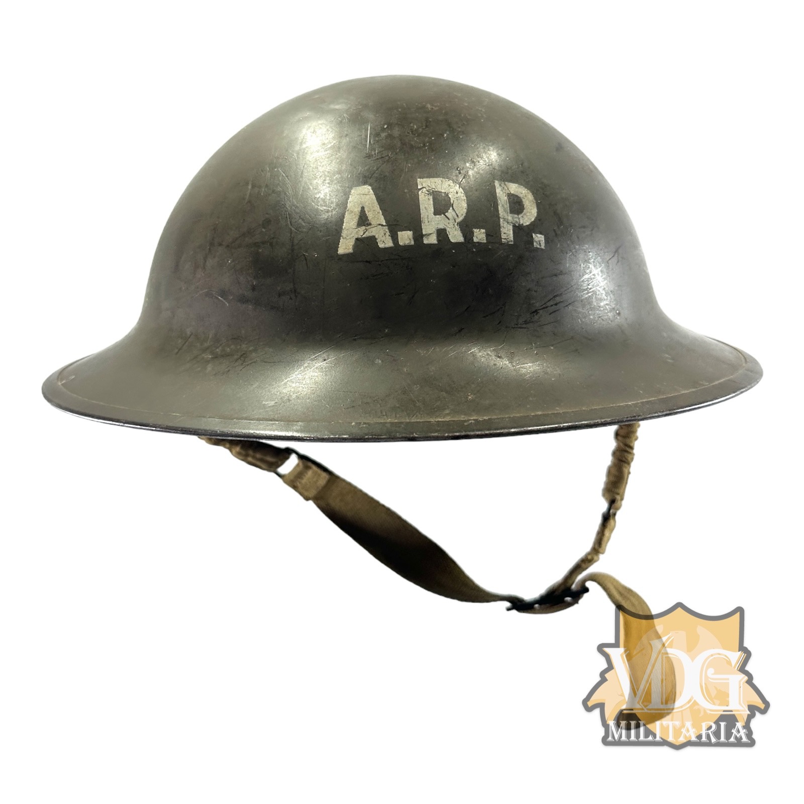 WW2 Canadian A.R.P. Air Raid Police MK II Brodie Helmet made by General Steel Wares of Toronto, 1942 Dated V.M.C. Liner