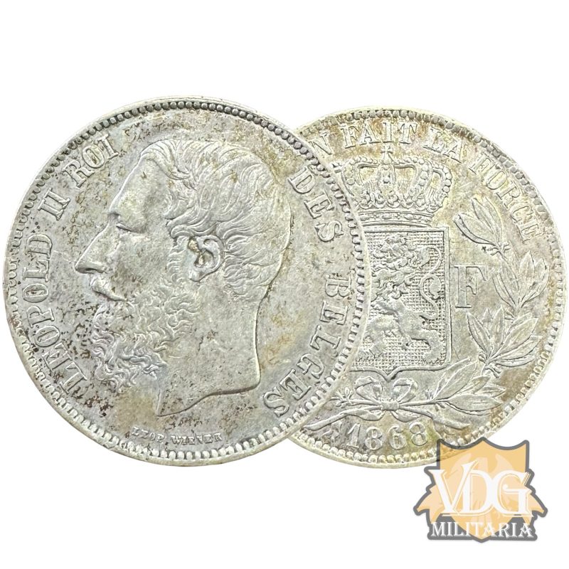 Kingdom of Belgium-King Leopold II 1868 5 Francs .90 Silver Coin
