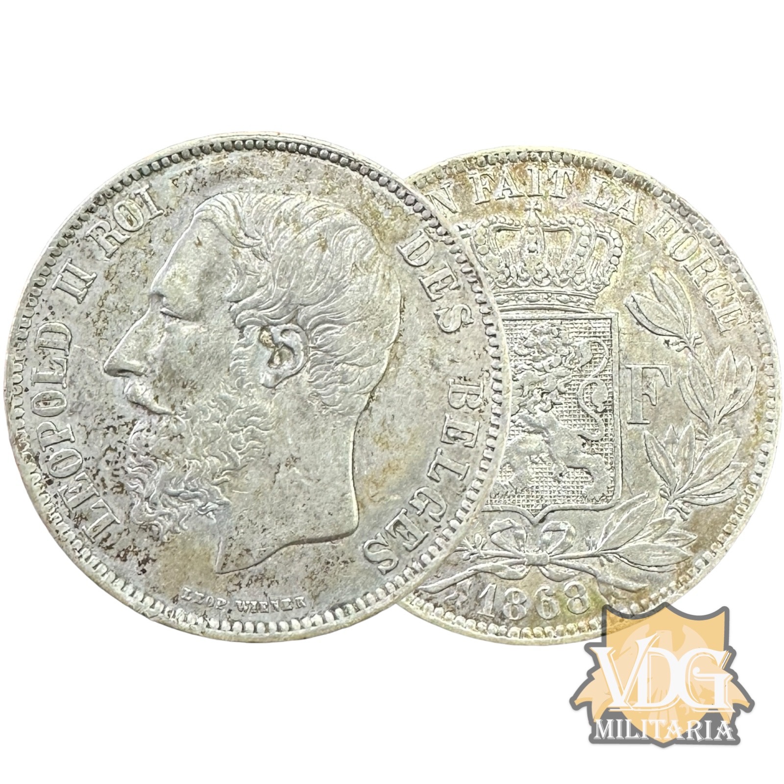 Kingdom of Belgium-King Leopold II 1868 5 Francs .90 Silver Coin