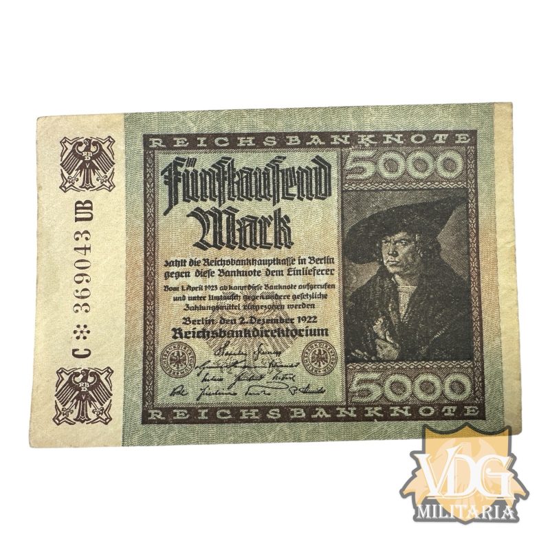 German Weimar Republic 1922 5000 Fünftausend Mark Reichsbanknote Paper Currency Note