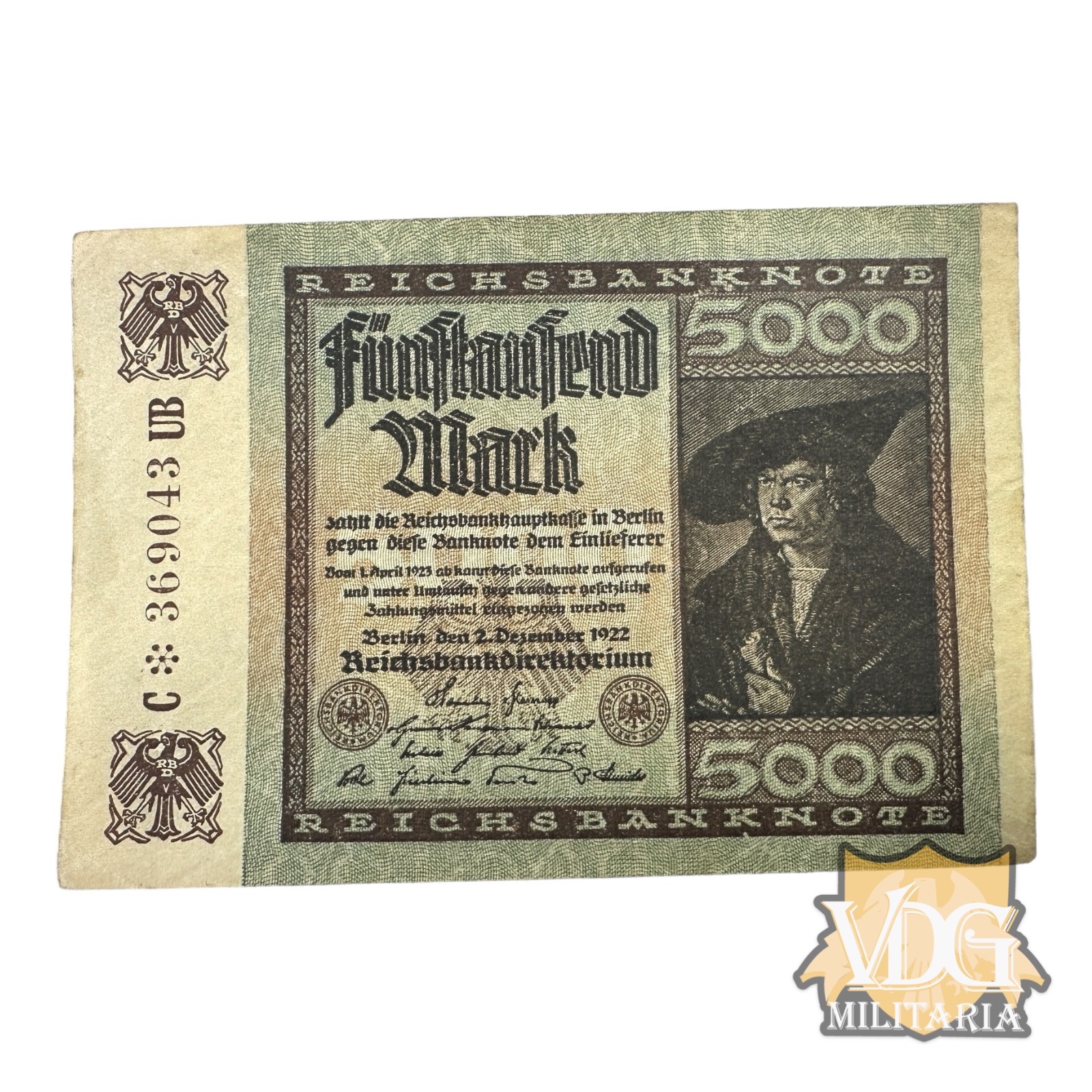 German Weimar Republic 1922 5000 Fünftausend Mark Reichsbanknote Paper Currency Note