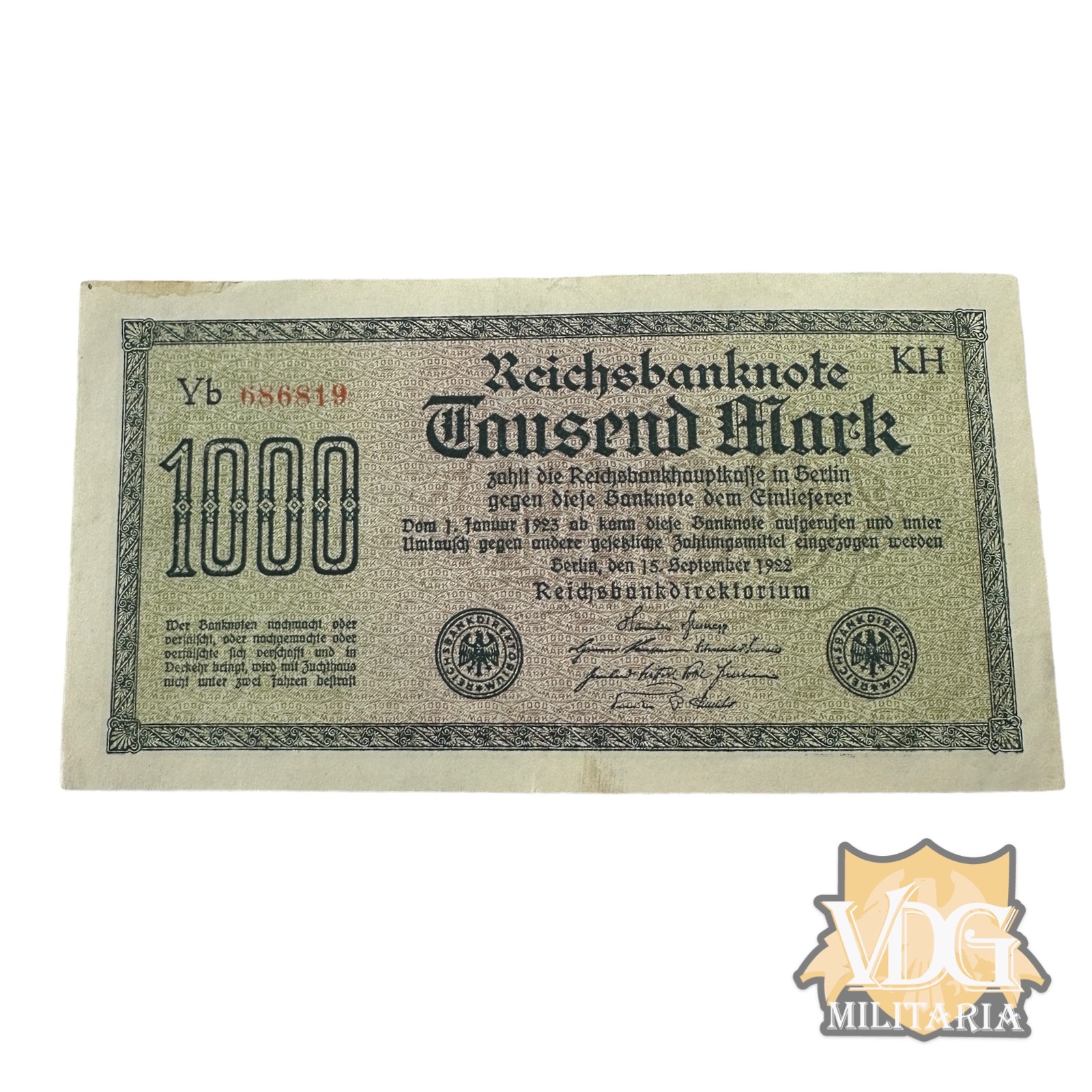German Weimar Republic 1922 1000 Tausend Mark Reichsbanknote Paper Currency Note