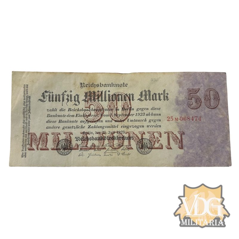 German Weimar Republic 1923 Funfzig Millionen Mark Reichsbanknote Paper Currency Note