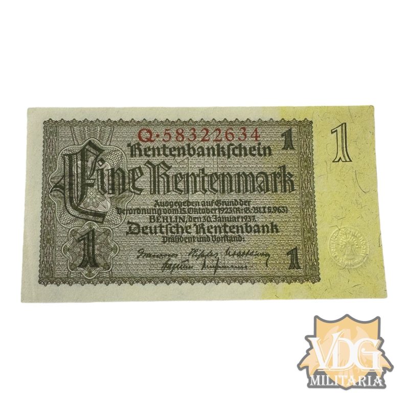 WW2 German 1937 Germany Berlin 1 Eine Rentenmark Paper Currency Note