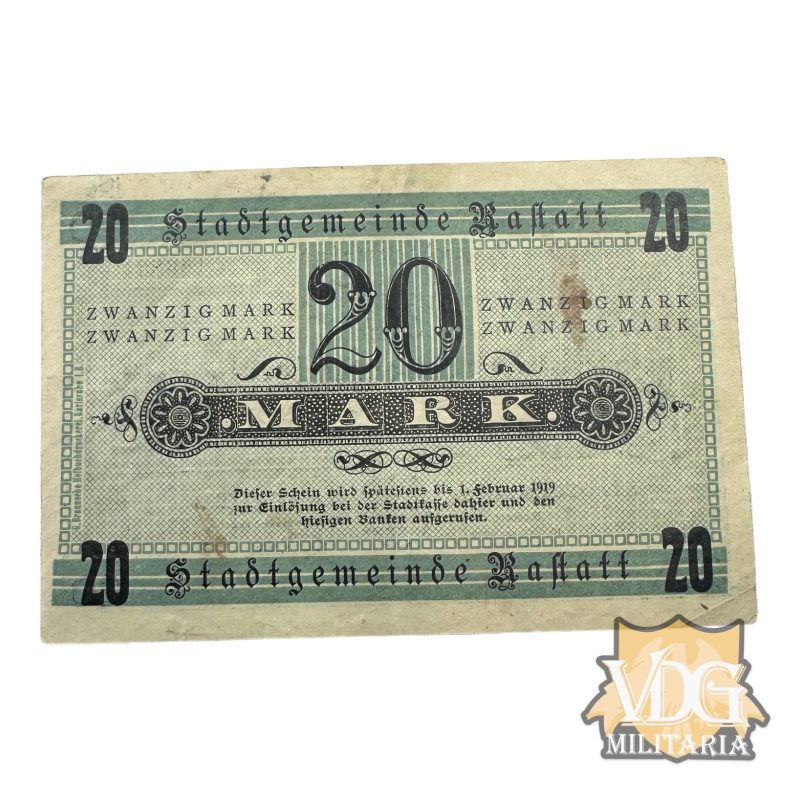 WW1 German  Statgemeide Rastatt 20 Mark Paper Currency Note Oct/10/1918