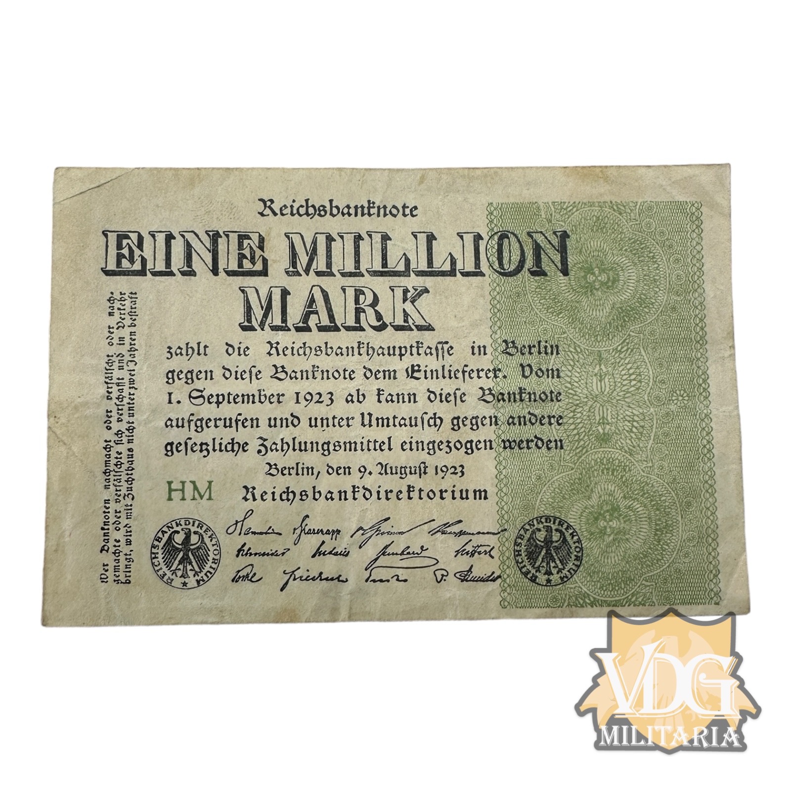 German Weimar Republic 1923 1 Million Reichsmark Paper Currency Note