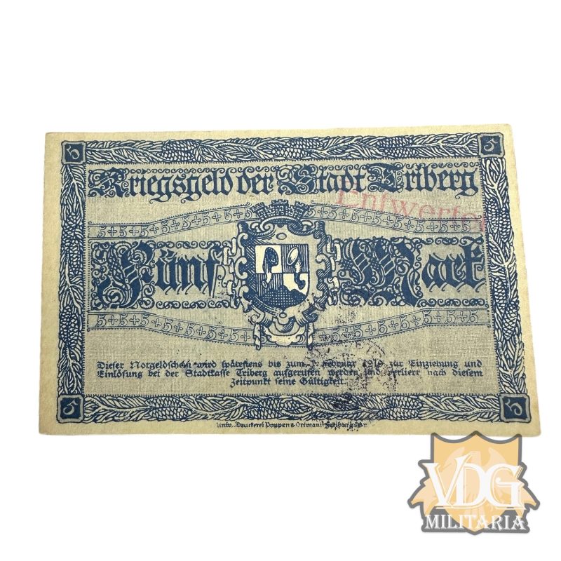 WW1 German Baden 1918 "Kriegsgeld"City of Triberg 5 Funf Mark Reichsbanknote Paper Currency Note