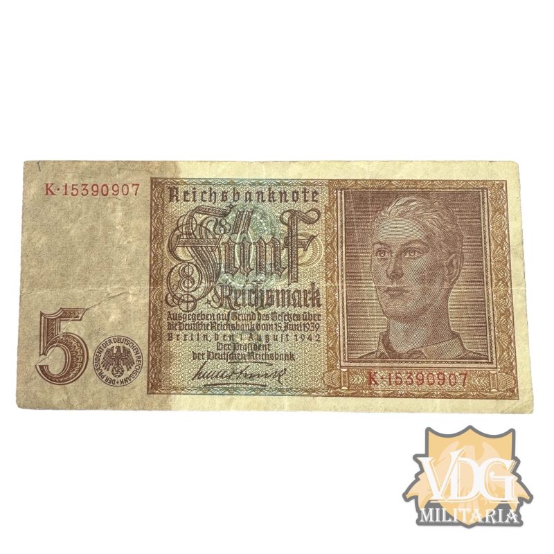 WW2 German 1942 5 Funf Mark Reichsbanknote Paper Currency Note