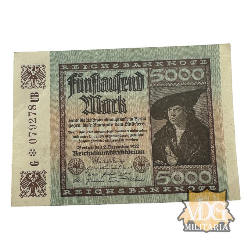German Weimar Republic 1922 5000 Fünftausend Mark Reichsbanknote Paper Currency Note