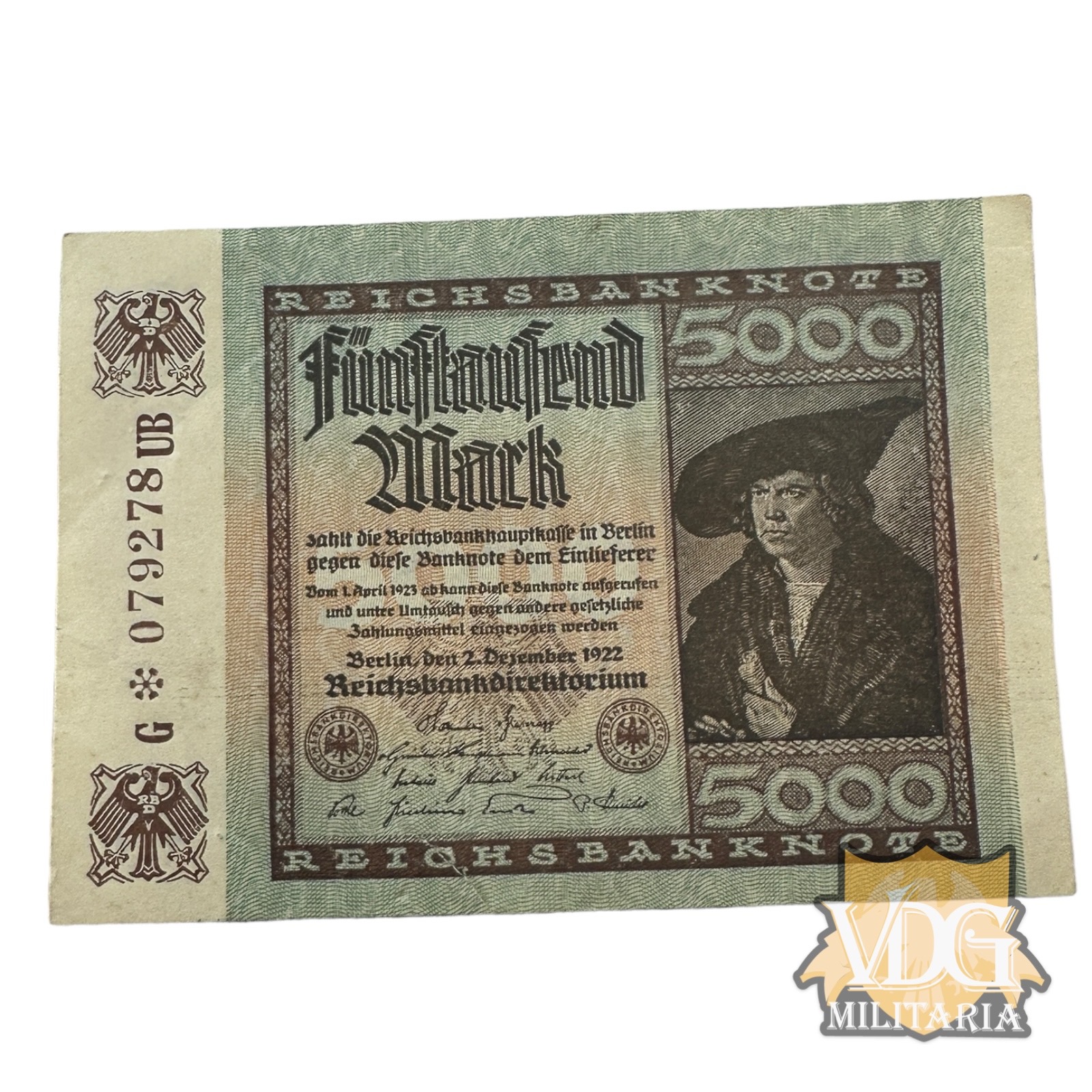 German Weimar Republic 1922 5000 Fünftausend Mark Reichsbanknote Paper Currency Note