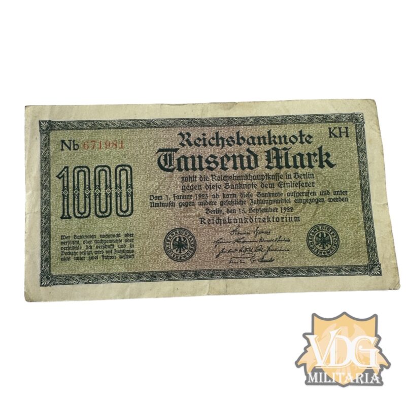 German Weimar Republic 1922 1000 Tausend Mark Reichsbanknote Paper Currency Note