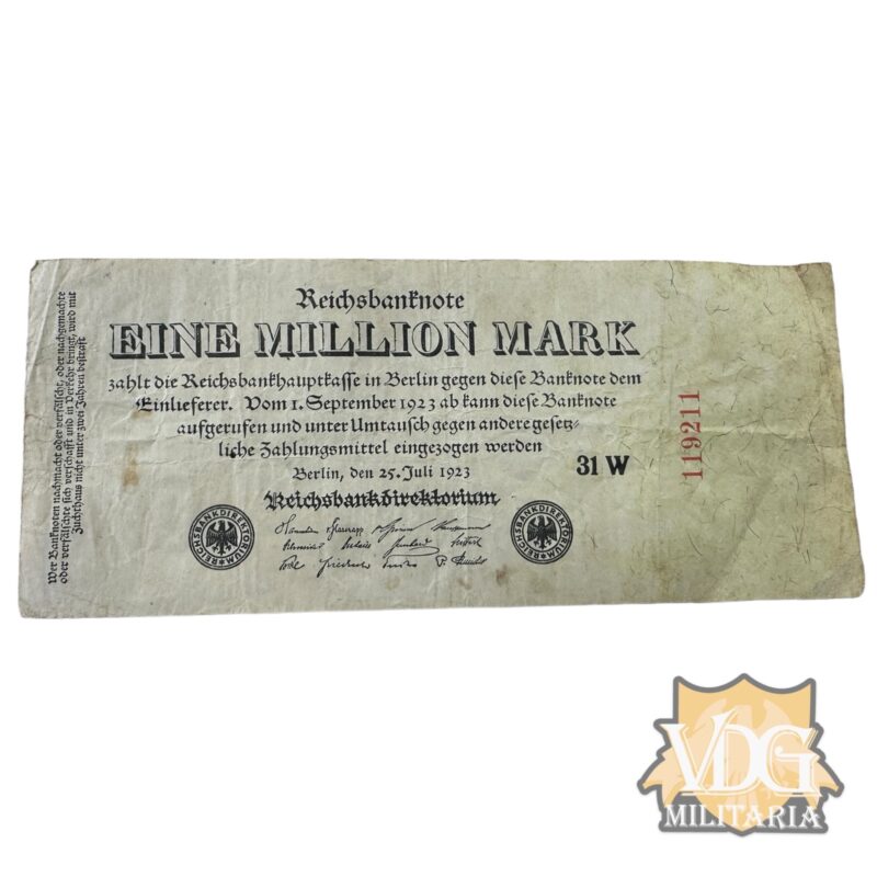 German Weimar Republic 1923 Eine Million Mark Reichbanknote Paper Currency Note