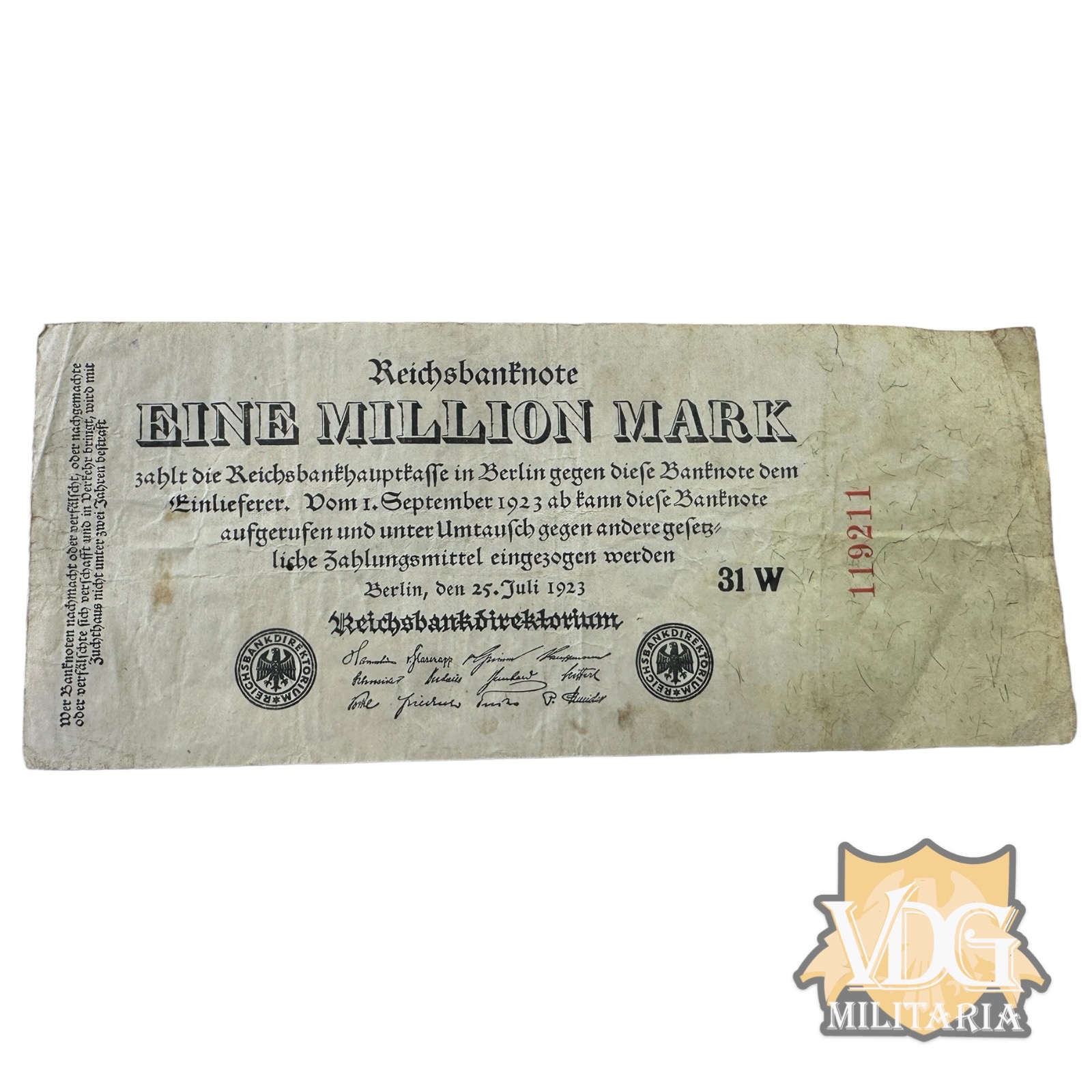 German Weimar Republic 1923 Eine Million Mark Reichbanknote Paper Currency Note