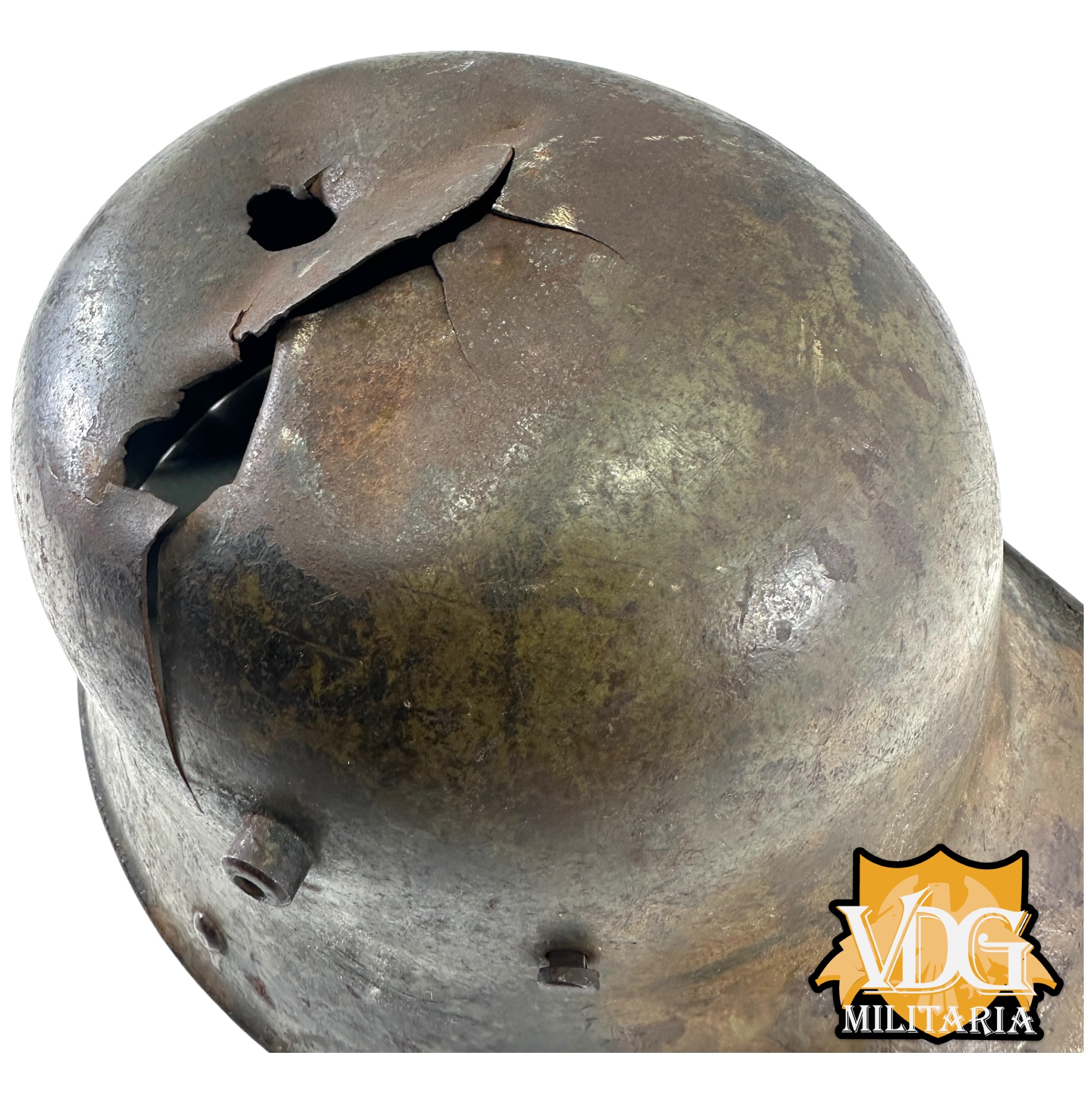 WW1 German M16 Battle Damaged Camouflaged Painted Helmet Shell-Named - Image 10