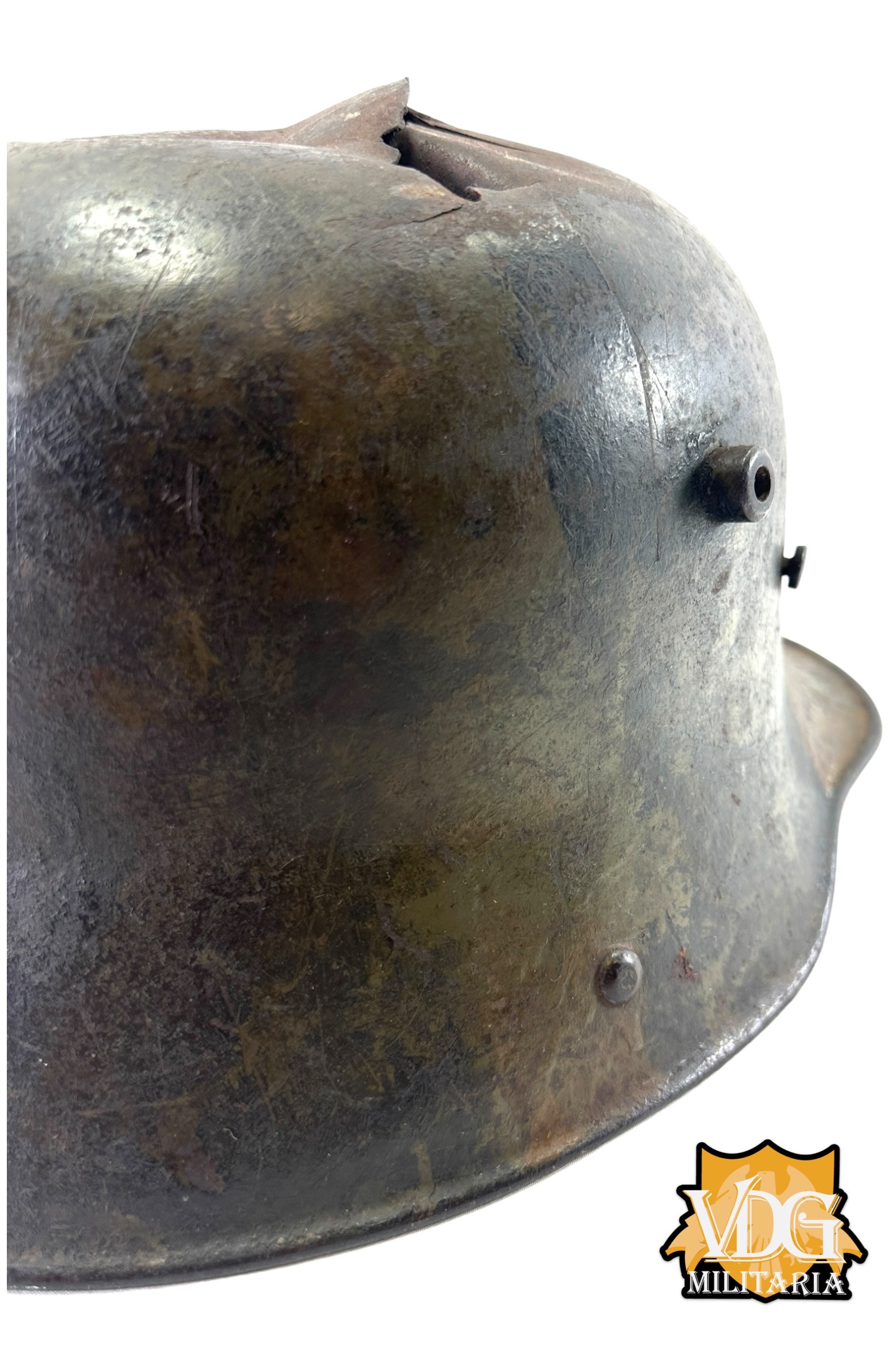 WW1 German M16 Battle Damaged Camouflaged Painted Helmet Shell-Named - Image 11