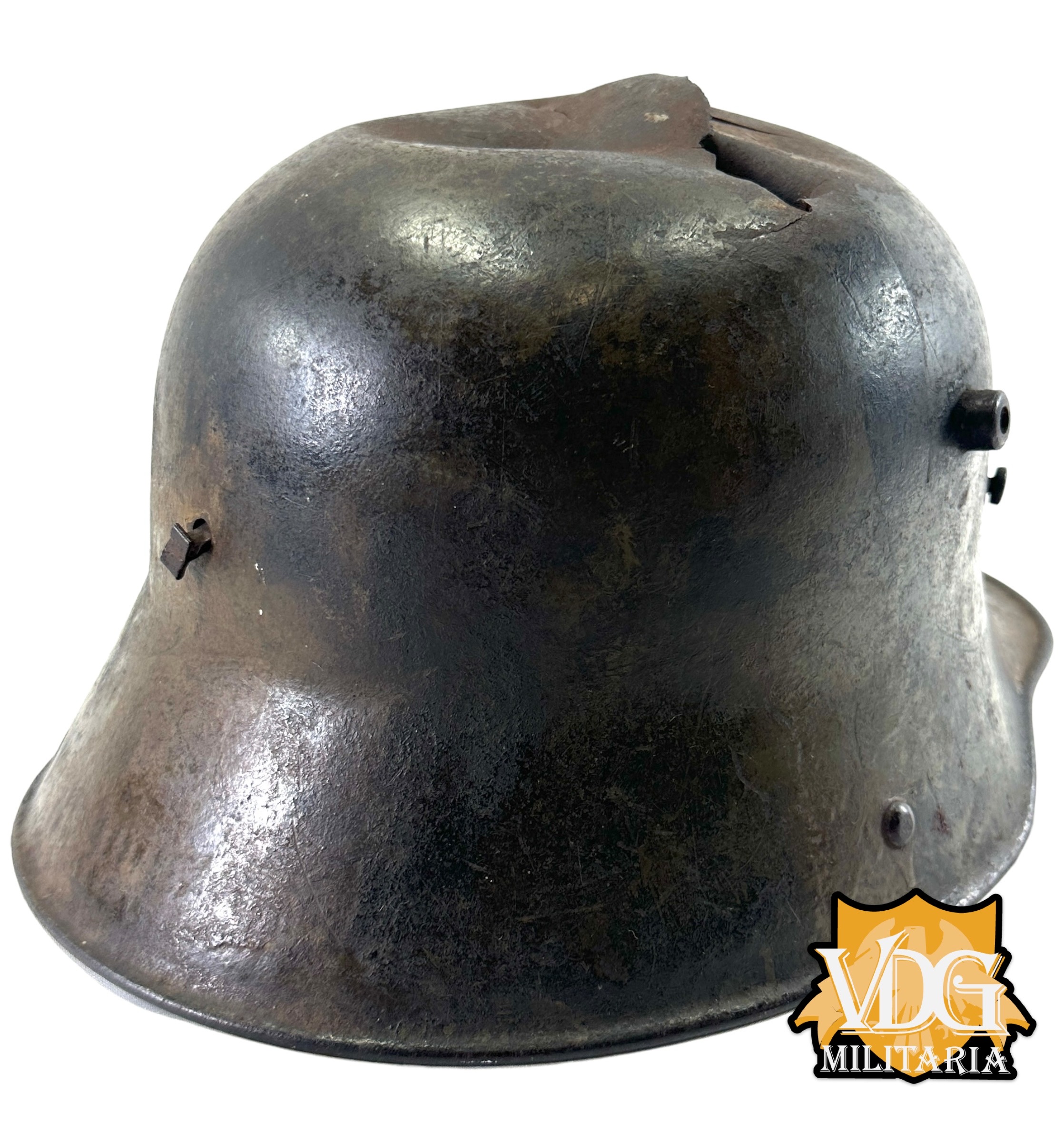 WW1 German M16 Battle Damaged Camouflaged Painted Helmet Shell-Named - Image 12