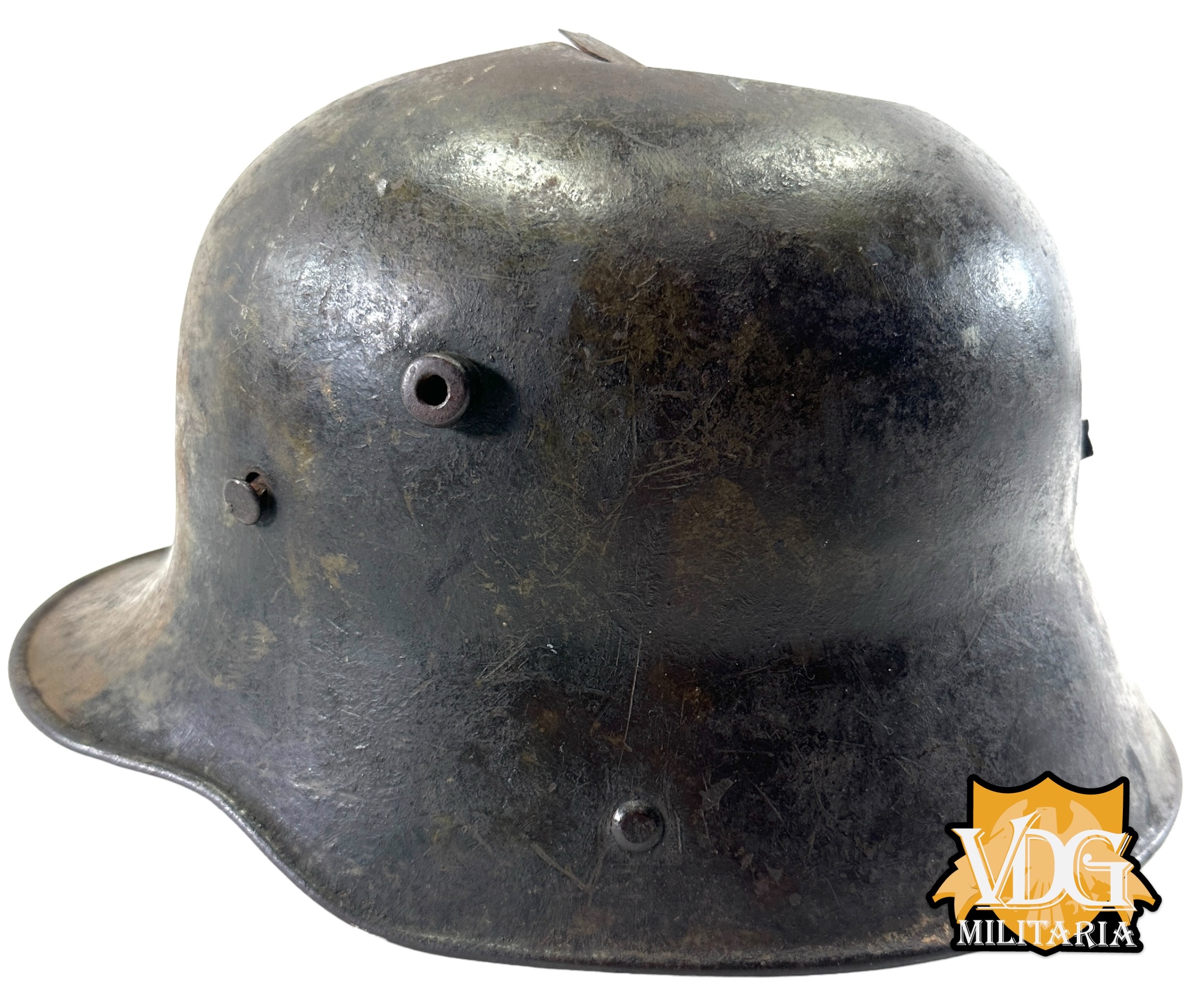 WW1 German M16 Battle Damaged Camouflaged Painted Helmet Shell-Named - Image 16