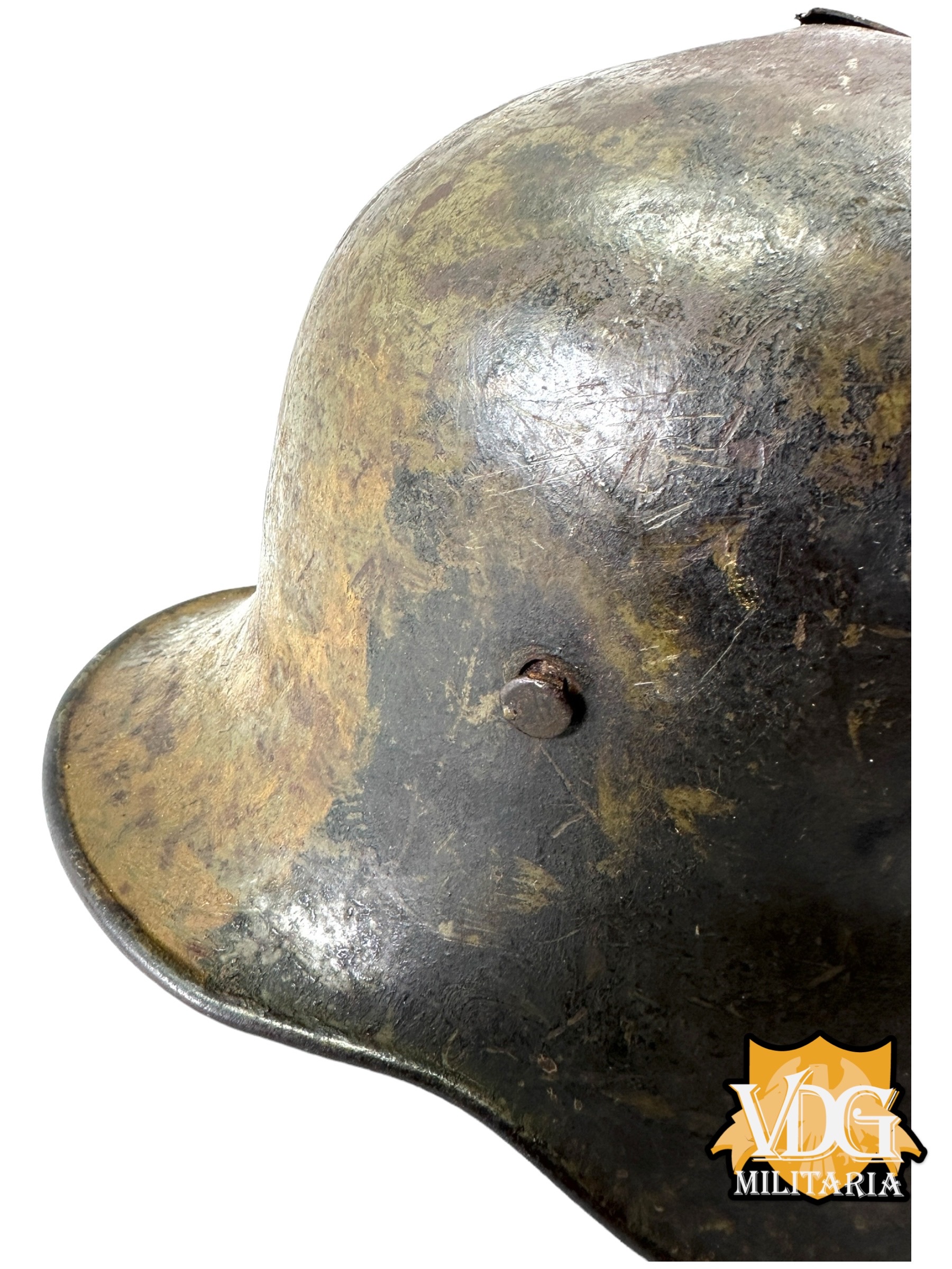 WW1 German M16 Battle Damaged Camouflaged Painted Helmet Shell-Named - Image 17
