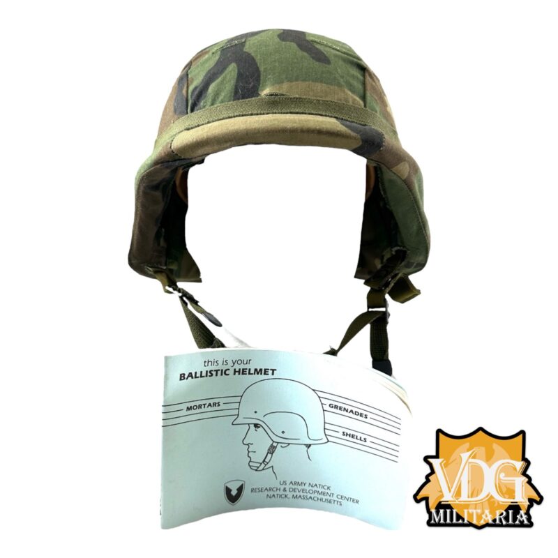 Gulf War Era US PASGT Ground Troop Helmet Size XS 1988 Dated w/ Woodland Camo Cover, Cat eyes & Booklet