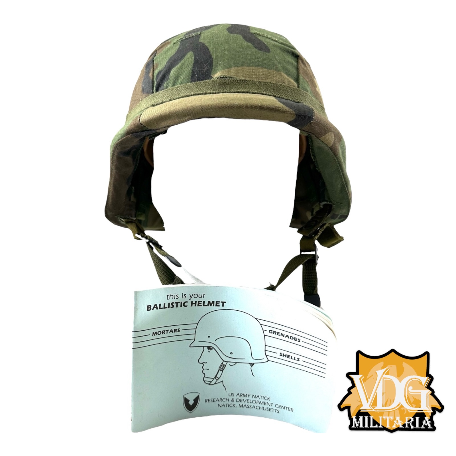 Gulf War Era US PASGT Ground Troop Helmet Size XS 1988 Dated w/ Woodland Camo Cover, Cat eyes & Booklet